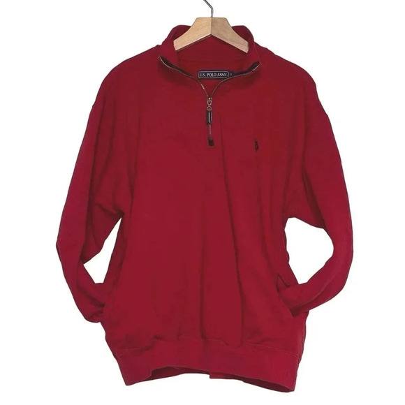 U.S. Polo Assn. Men's‎ L red 1/4 zip pull over sweatshirt with pockets Preppy - Picture 2 of 6